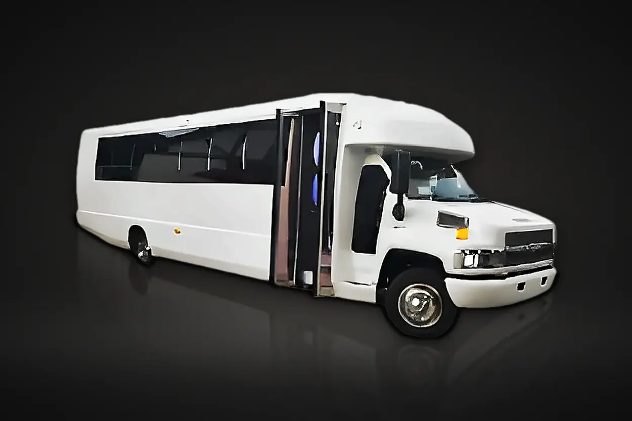 White party bus with its passenger door open